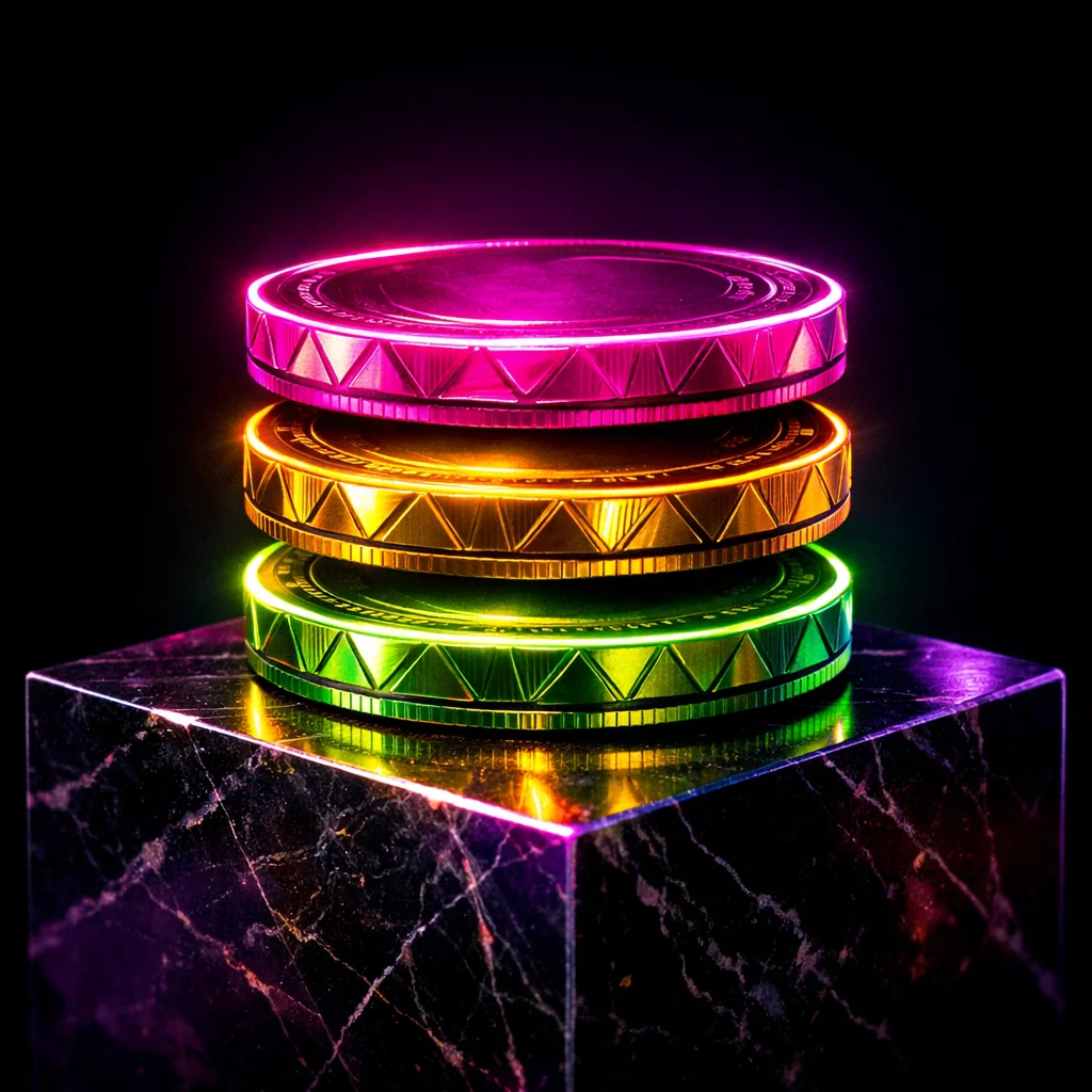 Geometrische crypto munten in magenta en limoen neon