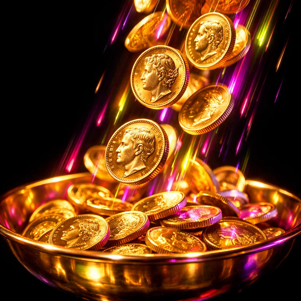 Gouden munten regenen neer boven neon casino podium
